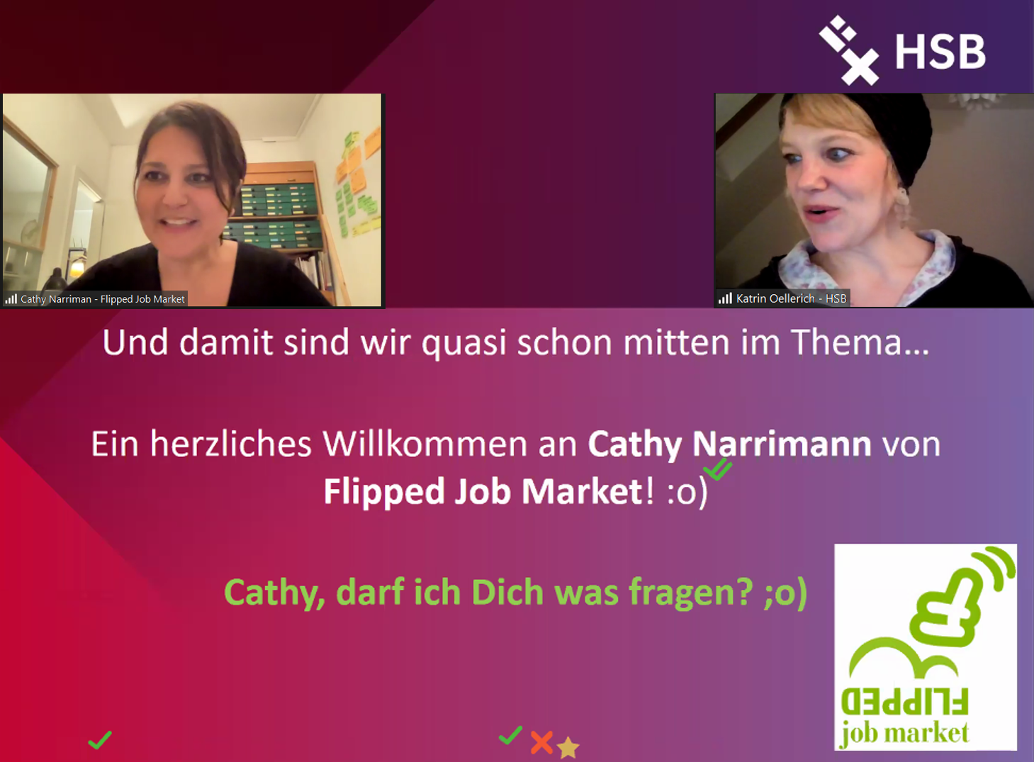 Screenshot von einer online Ringvorlesung, zu sehen sind Katrin Oellerich von der Hochschule Bremen und Gast Cathy Narrimann